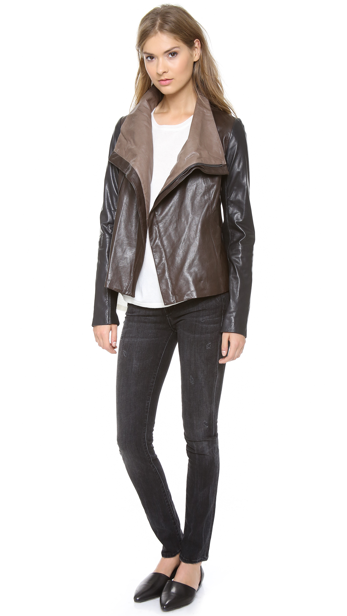 Vince Colorblock Leather Jacket in Brown - Lyst