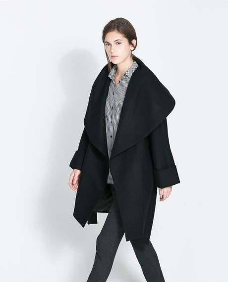 Zara Woollen Wrap Around Coat in Black | Lyst