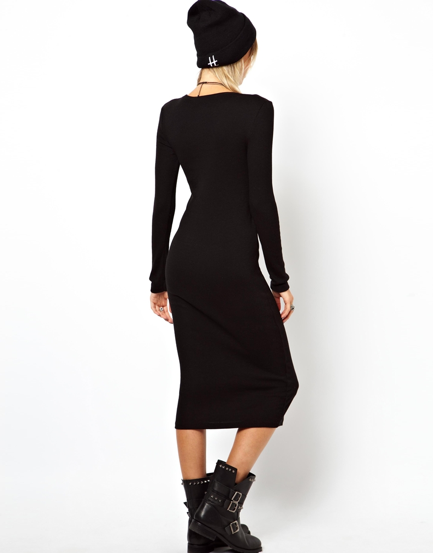 black bodycon midi dress long sleeve hoodie