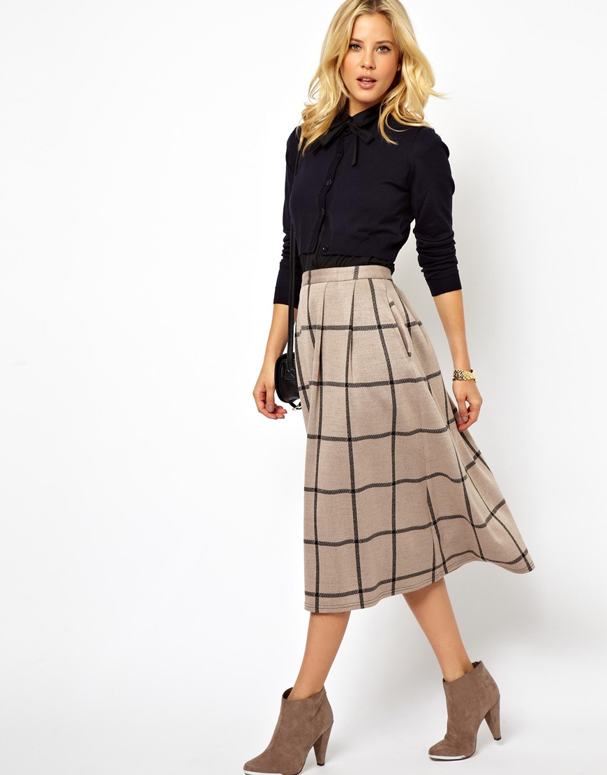 Lyst - Asos Full Midi Skirt in Squared Check Print in Brown