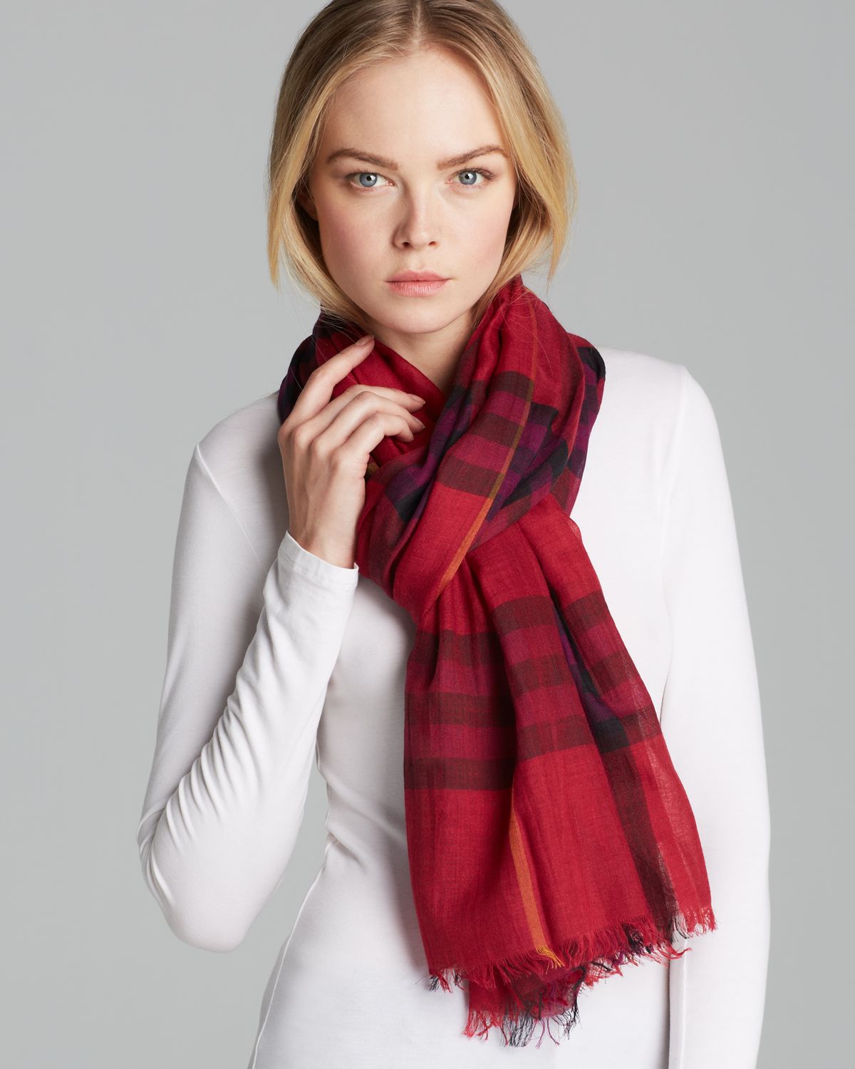 Lyst - Burberry Giant Check Woolsilk Gauze Scarf in Red