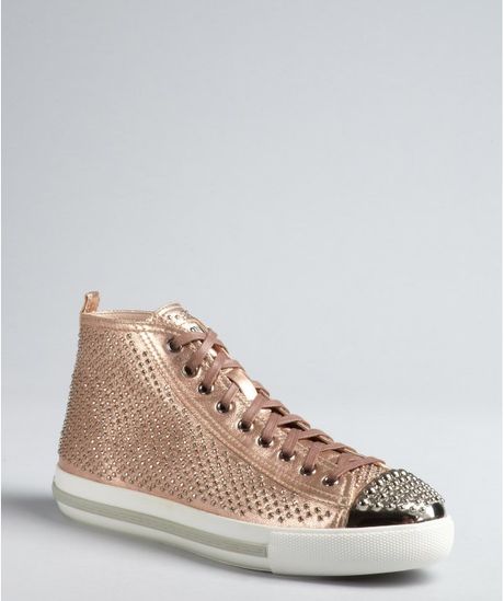 Miu Miu Rose Gold Studded Leather High Top Sneakers in Pink (rose) | Lyst