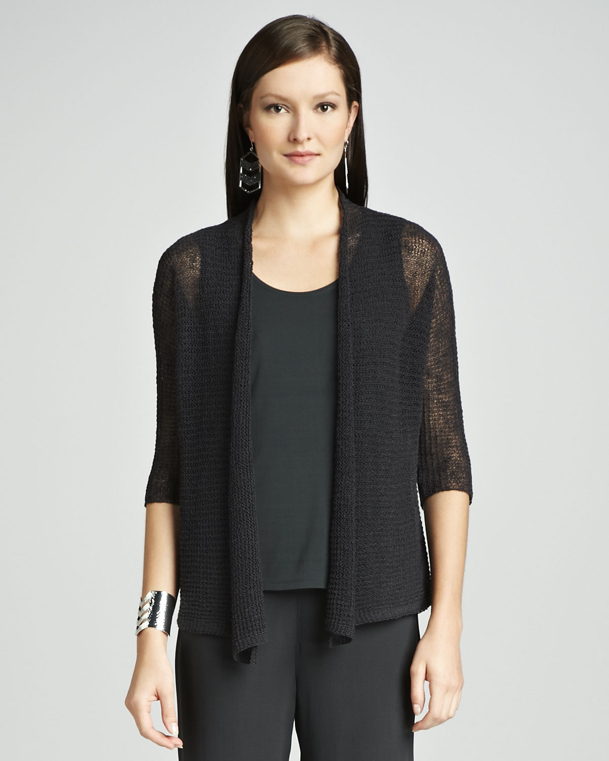 Eileen Fisher Cropped Sheer Cardigan Petite in Graphite (Black) - Lyst