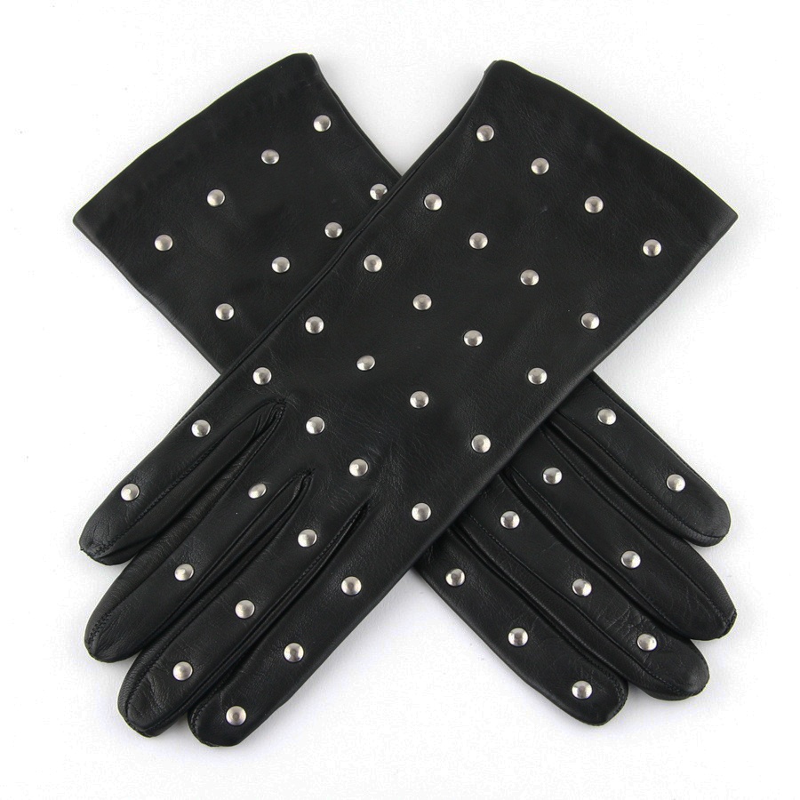 Black.co.uk Ladies’ Black Italian Leather Gloves With Silver Studs