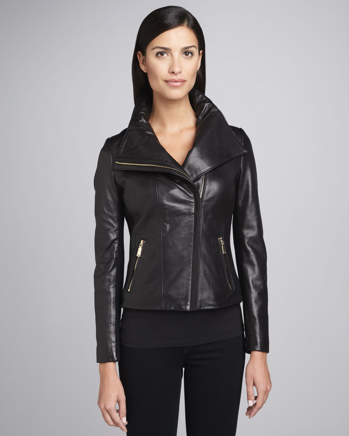 Elie Tahari Blue Lisette Leather Motorcycle Jacket