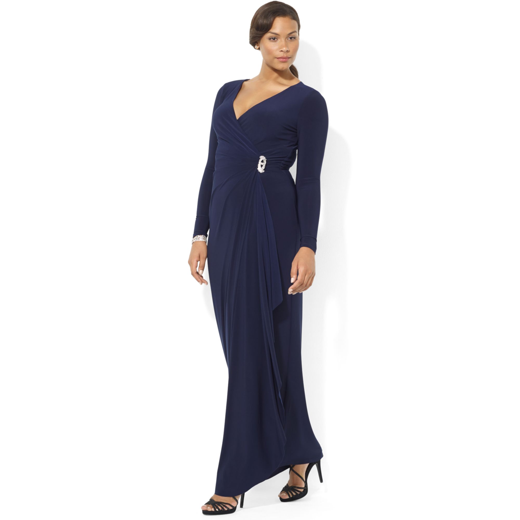 Lauren Ralph Lauren Long-sleeve Jersey Gown with Brooch in Blue | Lyst
