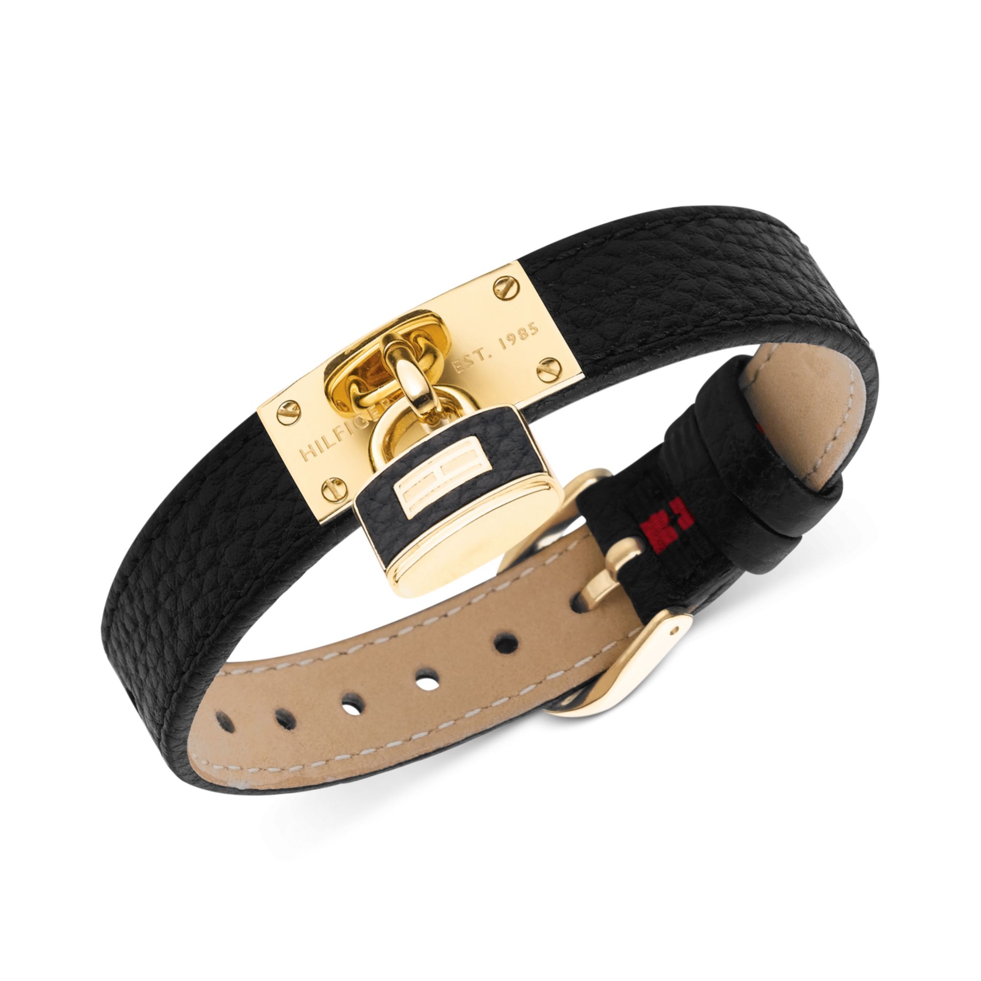 Tommy Hilfiger Gold Tone Lock Charm Black Leather Buckle Bracelet in  Metallic - Lyst