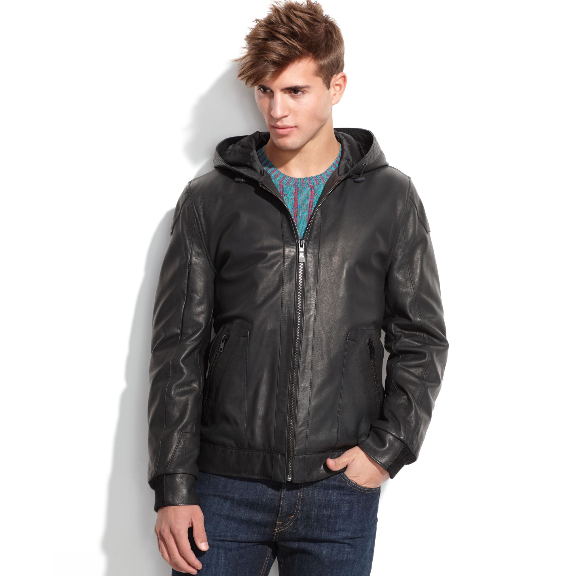 Vince Camuto Hooded Washed Goat Leather Jacket in Gray for Men ...