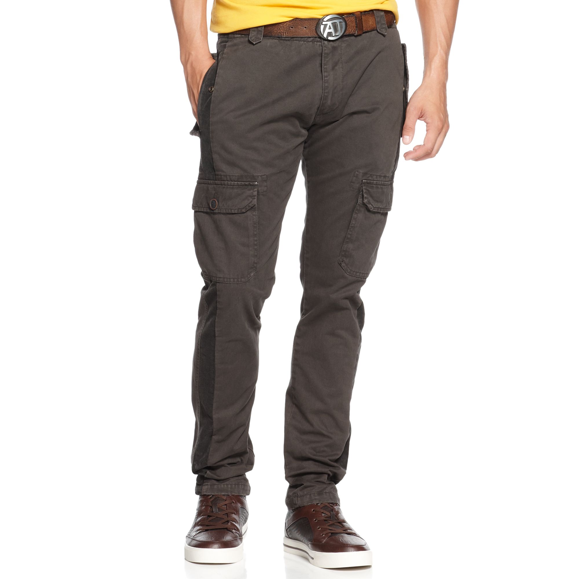 Armani Jeans Slim Straight Leg Corduroy Trim Cargo Pants in Brown for