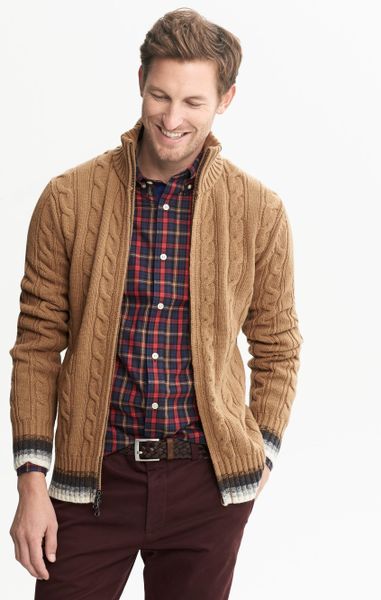 Banana Republic Modern Striped Cable Knit Zip Cardigan Racehorse Brown ...