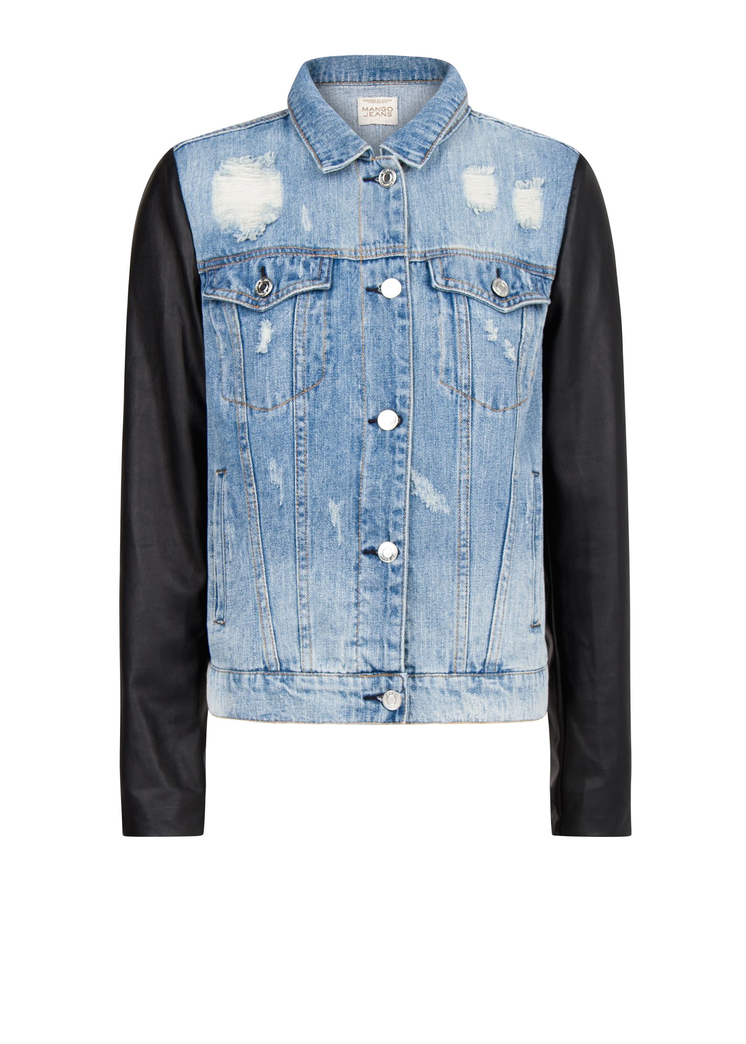 womens denim jacket with faux leather sleeves