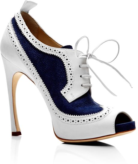 Thom Browne Peep Toe Wingtip Brogue in Navy and White Nubuck Leather in ...