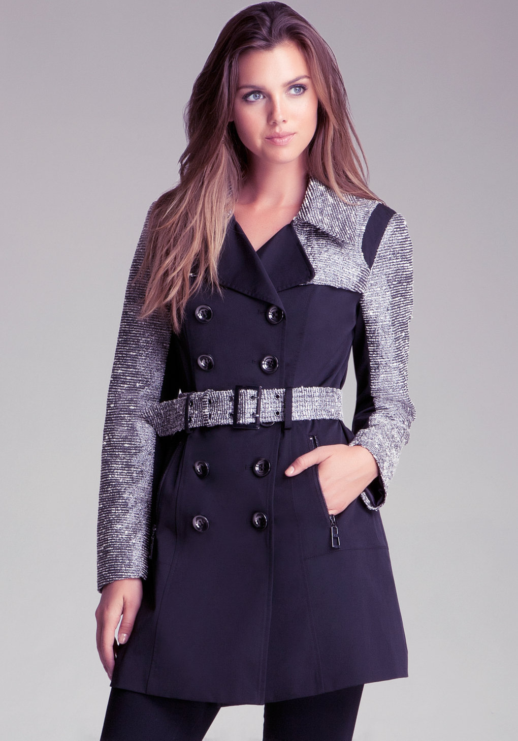 Bebe Metallic Tweed Inset Trench Coat In Black Blue Lyst Bebe Metallic Tweed Inset Trench Coat In Black Blue Lyst