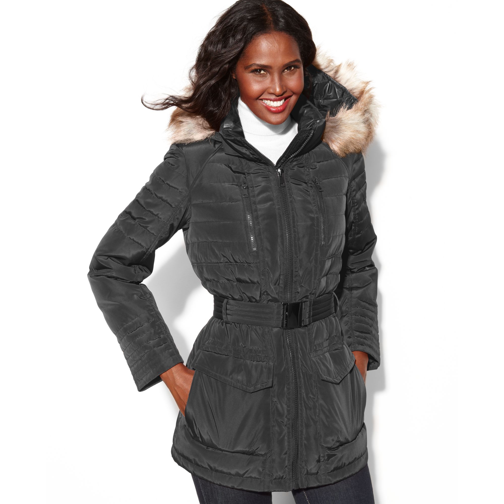 Lyst Jones New York Hooded Faux fur trim Puffer Parka in Gray