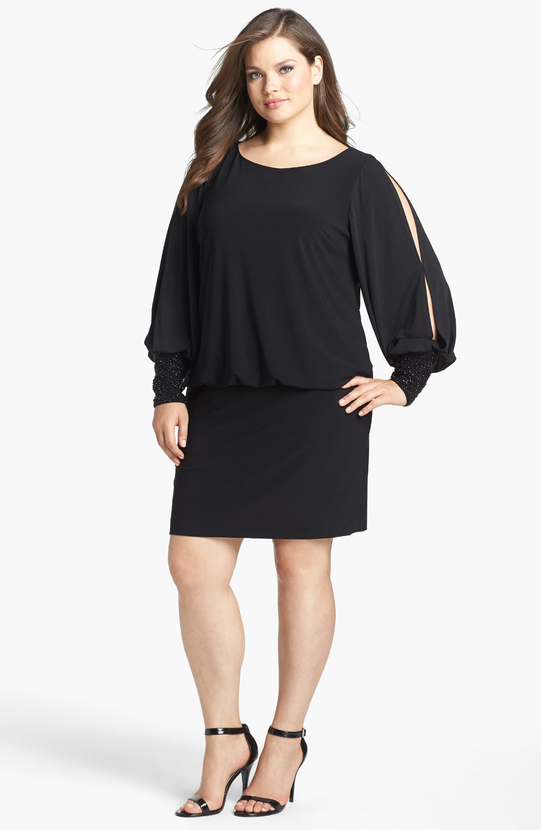 Xscape Embellished Cuff Blouson Jersey Dress in Black | Lyst