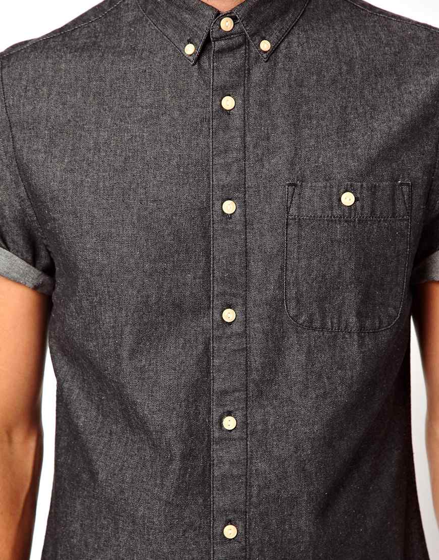mens black denim shirt short sleeve