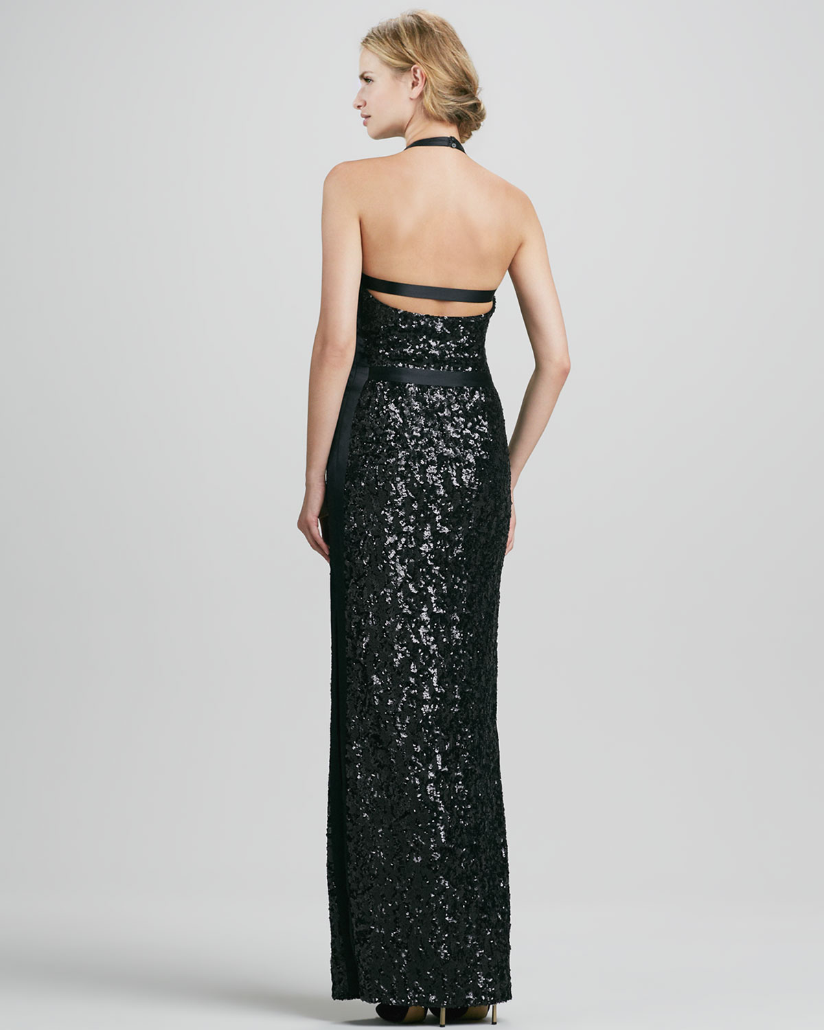 Lyst - Halston Halter Sequined Jersey Gown in Black