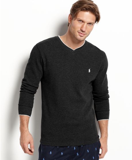 Ralph Lauren Long Sleeve Tipped V Neck Waffle Thermal Top in Black for ...