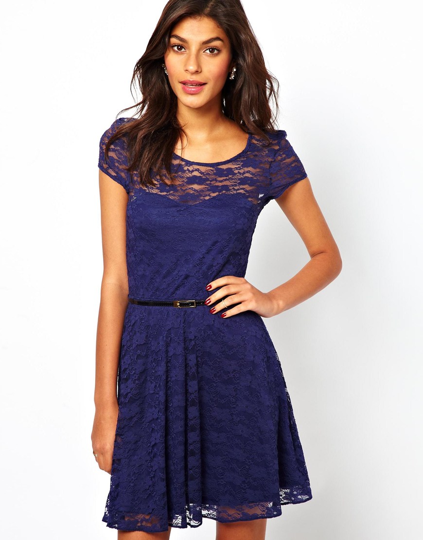 Lyst - Asos Lace Skater Dress with Short Sleeves and Belt in Blue