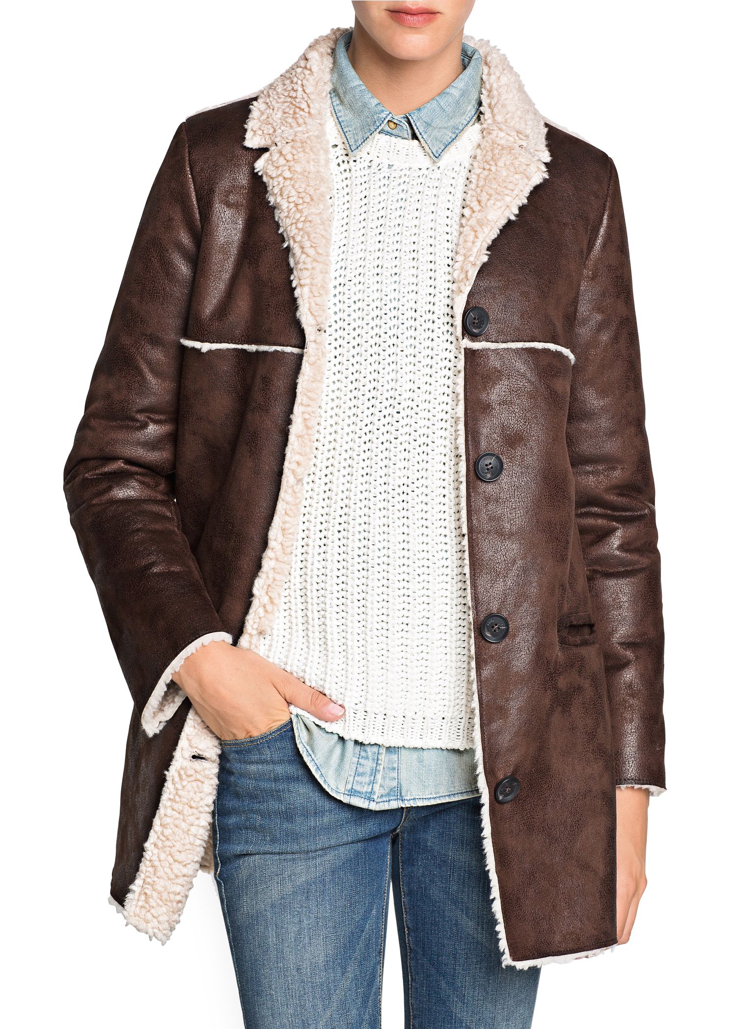 Lyst Mango Faux Shearlinglined Coat in Brown