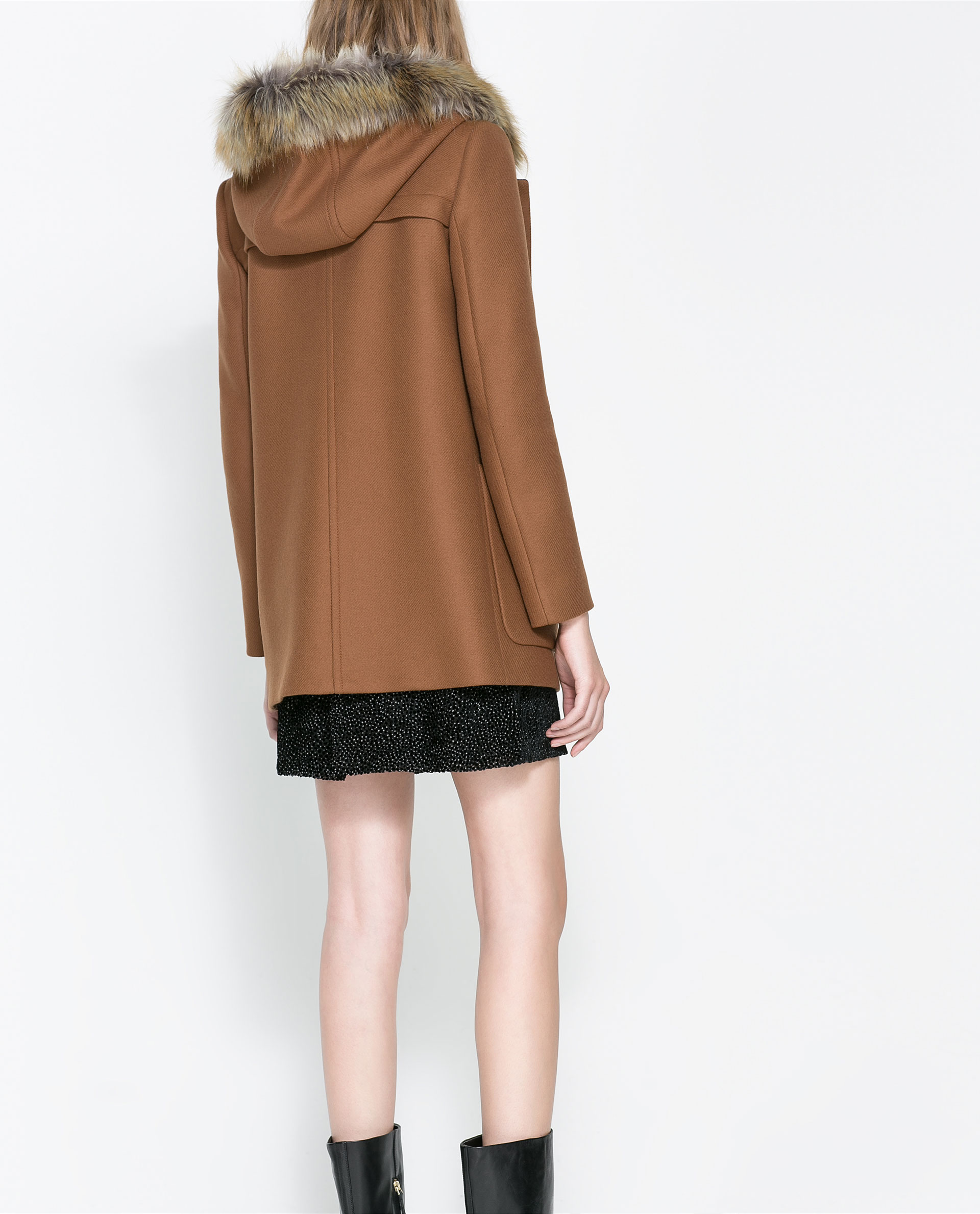 Zara Duffle Coat with Fur Hood in Brown Lyst