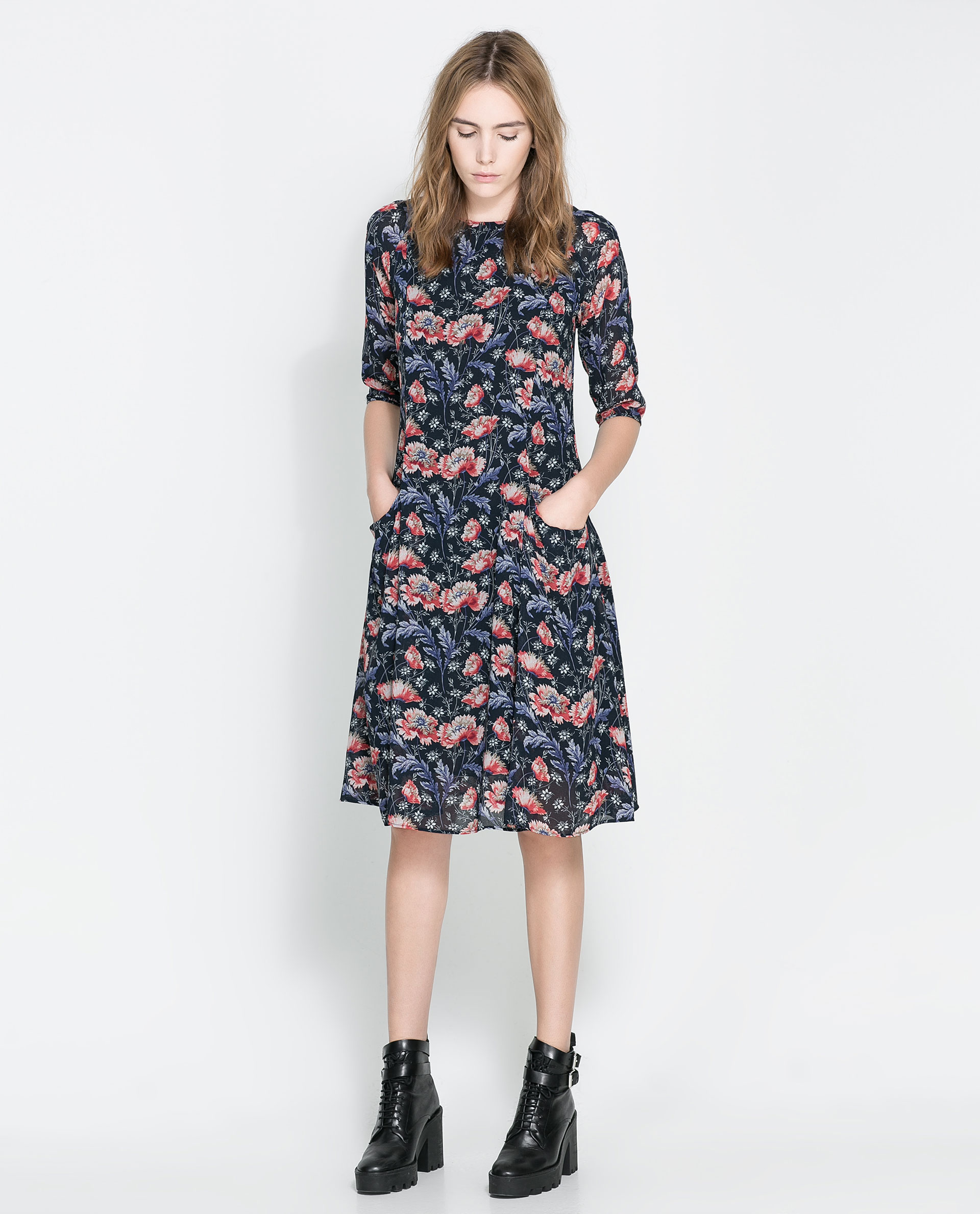 zara navy blue floral print dress product 1 13699771 475012065