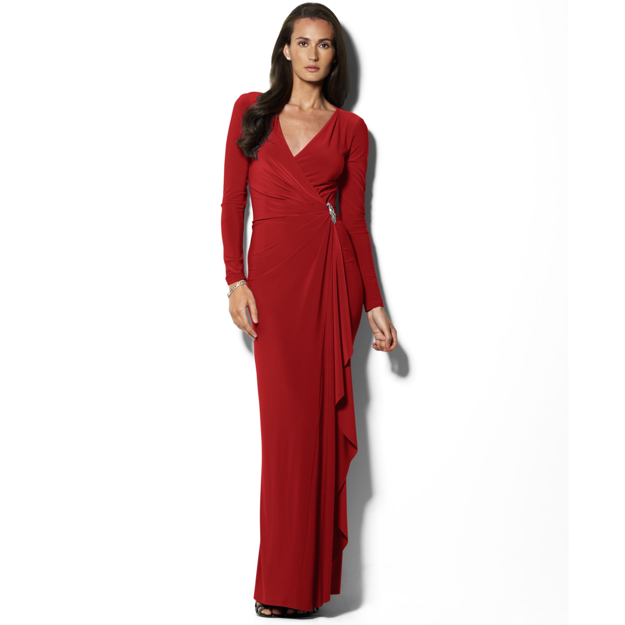 Lauren by Ralph Lauren Long Sleeve Ruffled Jersey Gown in Red | Lyst