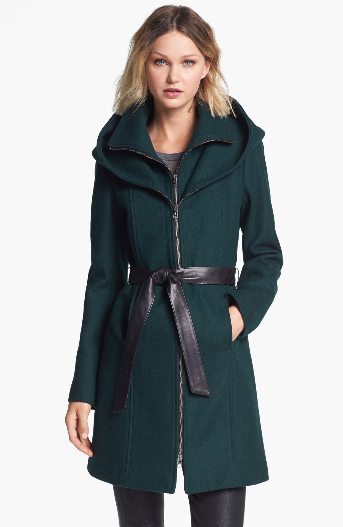 Soia & Kyo Hooded Wool Blend Coat with Leather Belt in Green (Forest ...