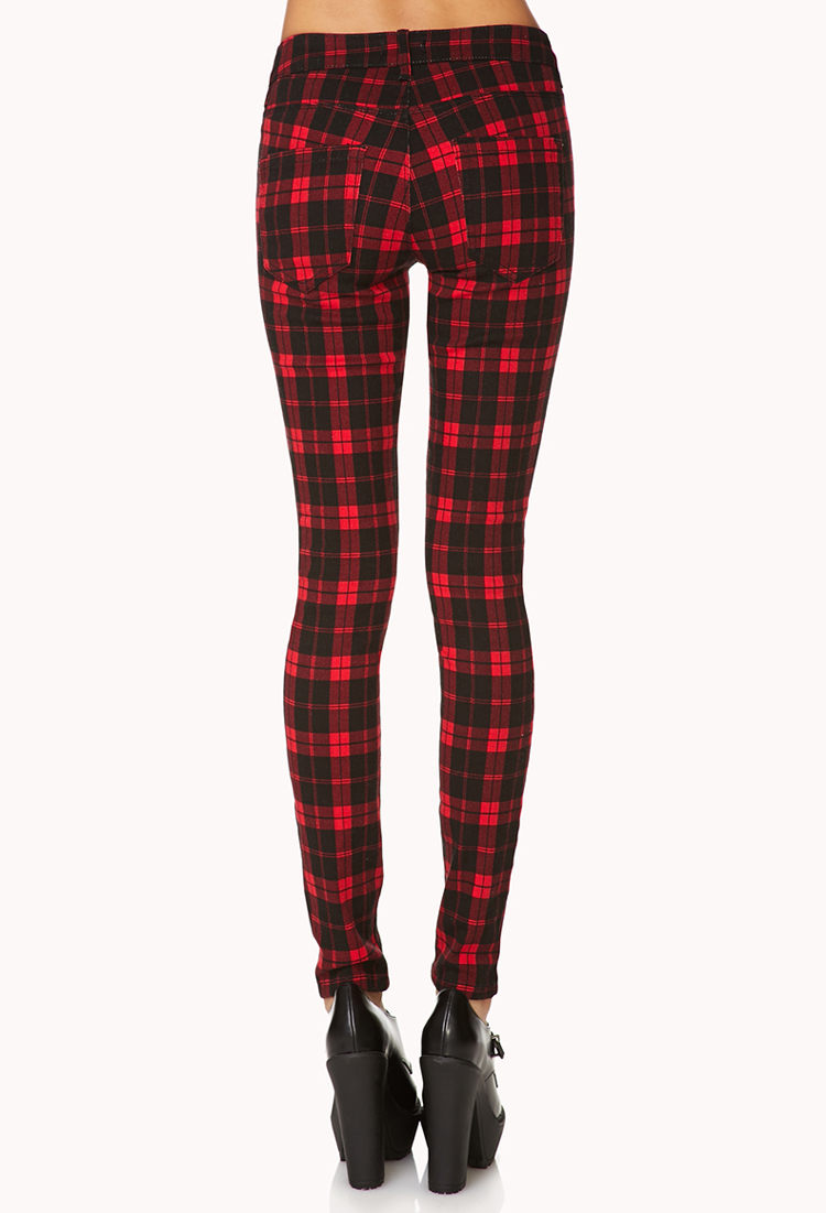 Forever 21 Plaid Skinny Jeans in Red 