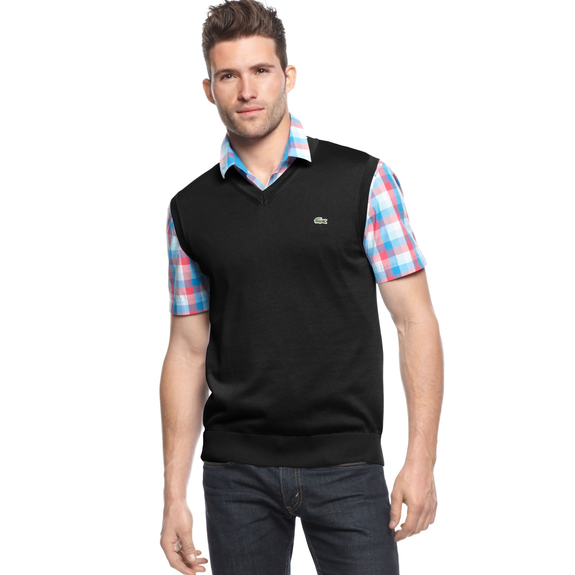 Lacoste V Neck Cotton Sweater Vest in Black for Men - Lyst