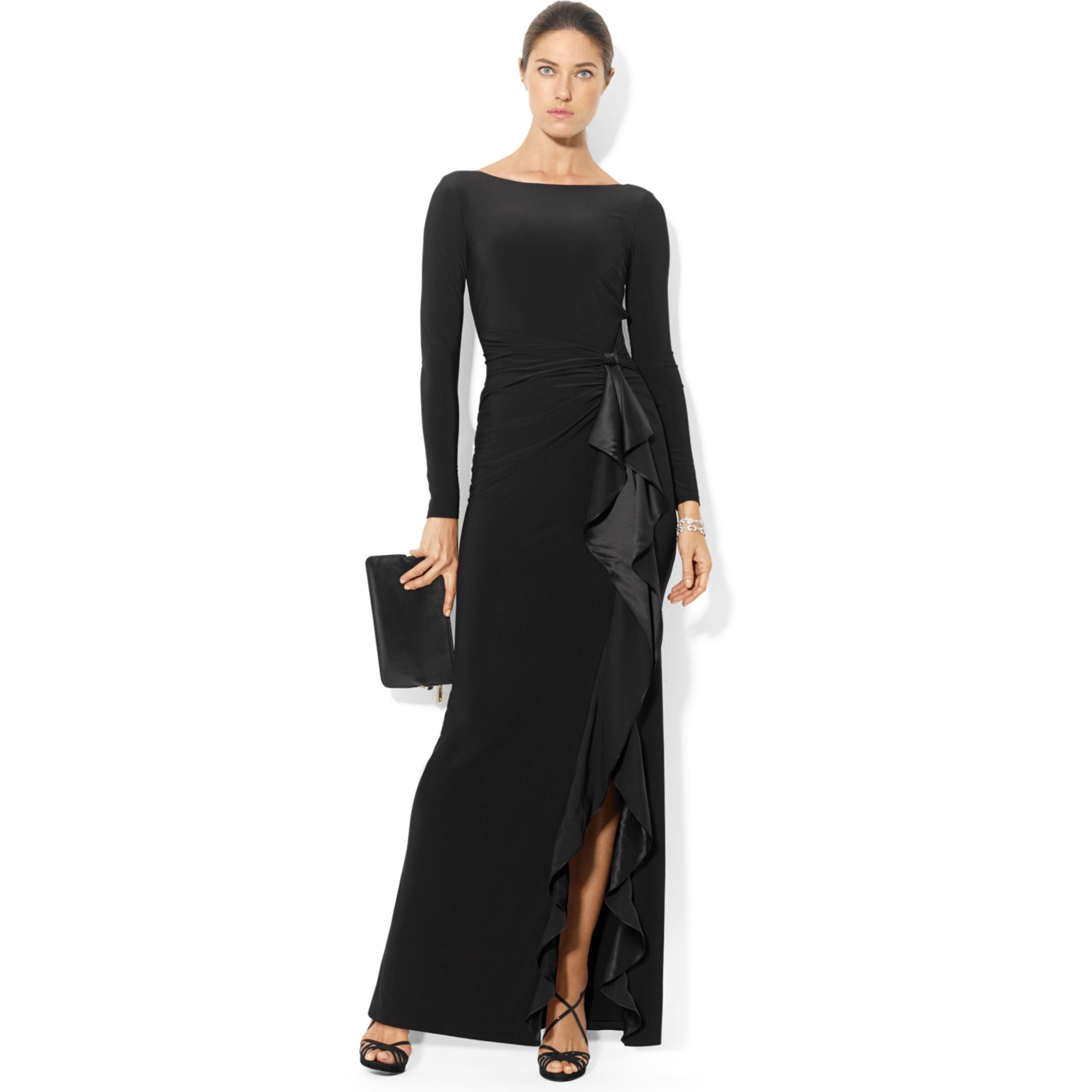 Lauren by ralph lauren Long-Sleeve Ruffled Silk Gown in Black (Blue) | Lyst