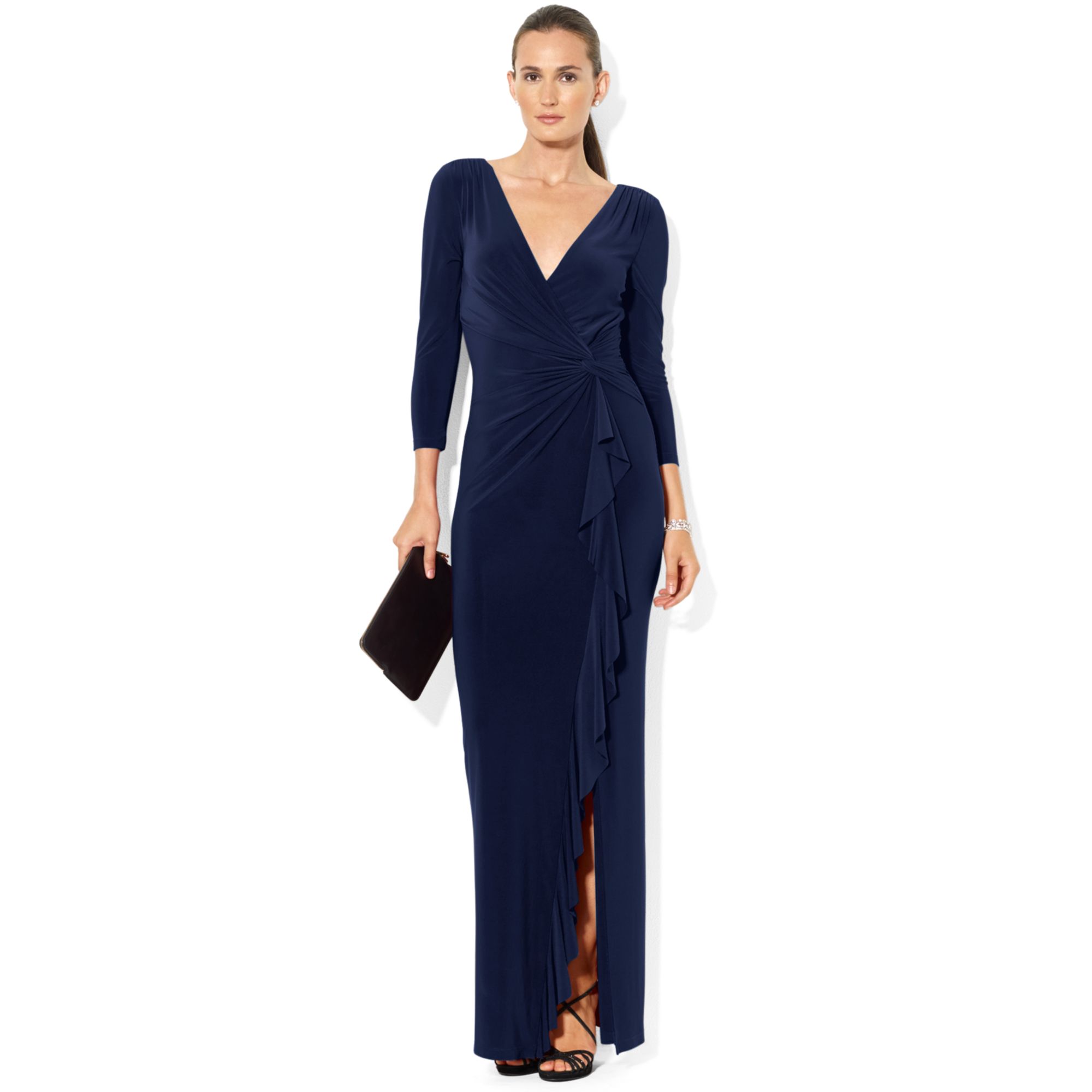 Lauren by Ralph Lauren Three Quarter Sleeve Ruffled Jersey Gown Dress in  Blue | Lyst