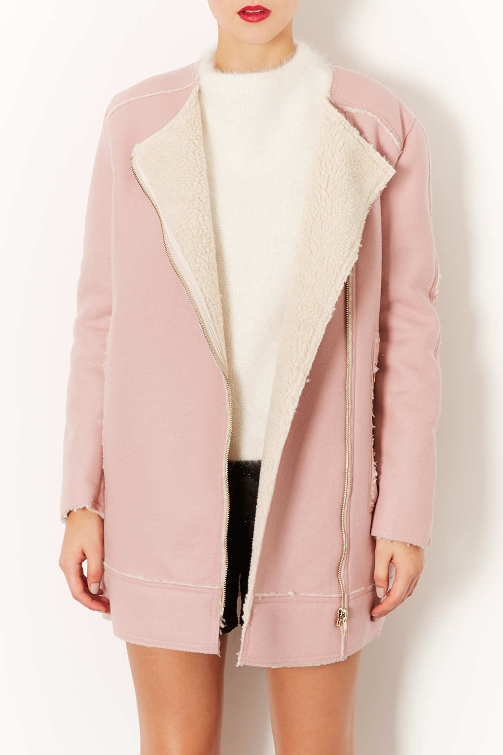 Lyst Premium Wool Lined Biker Coat in Pink