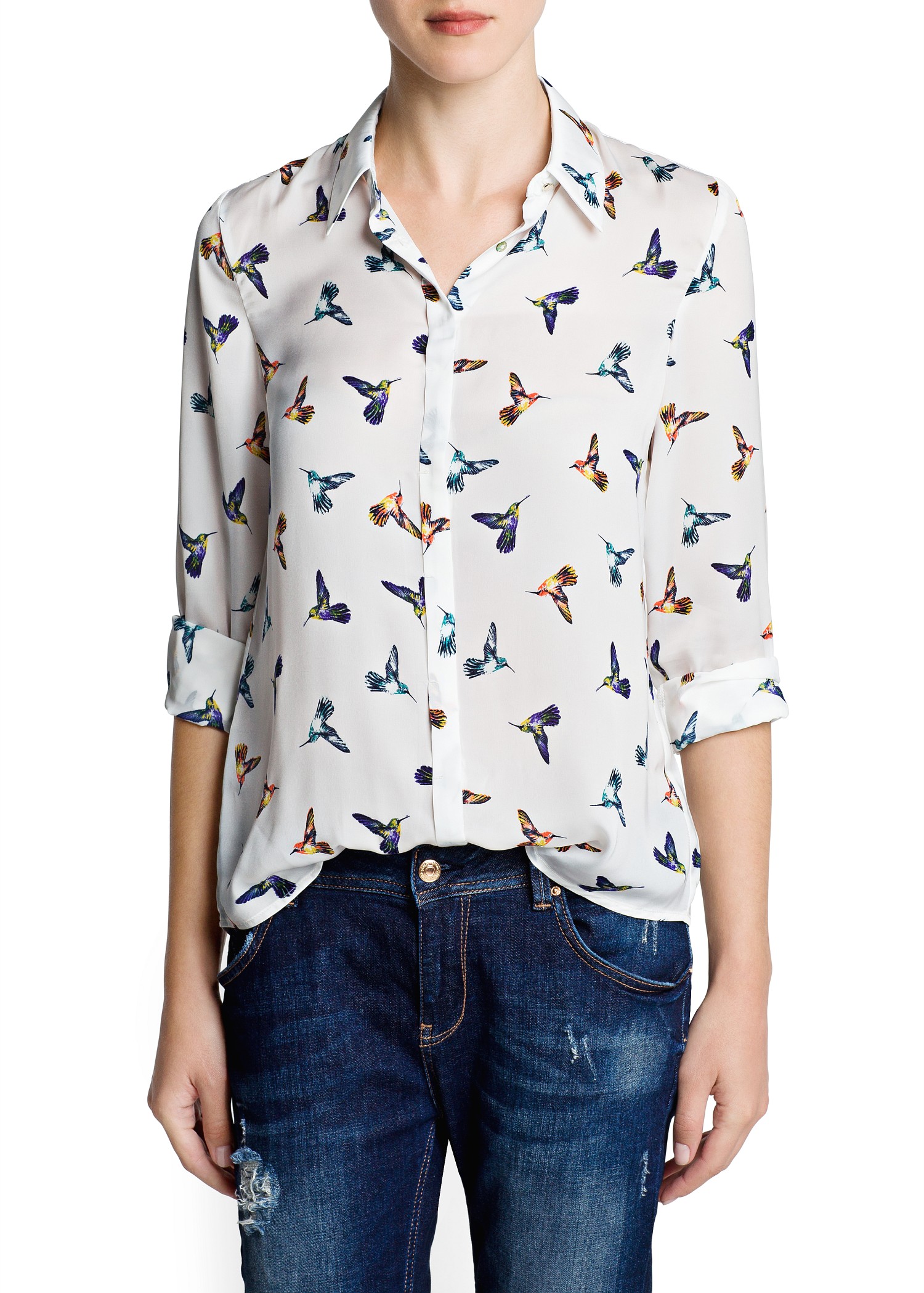 Mango Bird Print Flowy Blouse in Blue Lyst