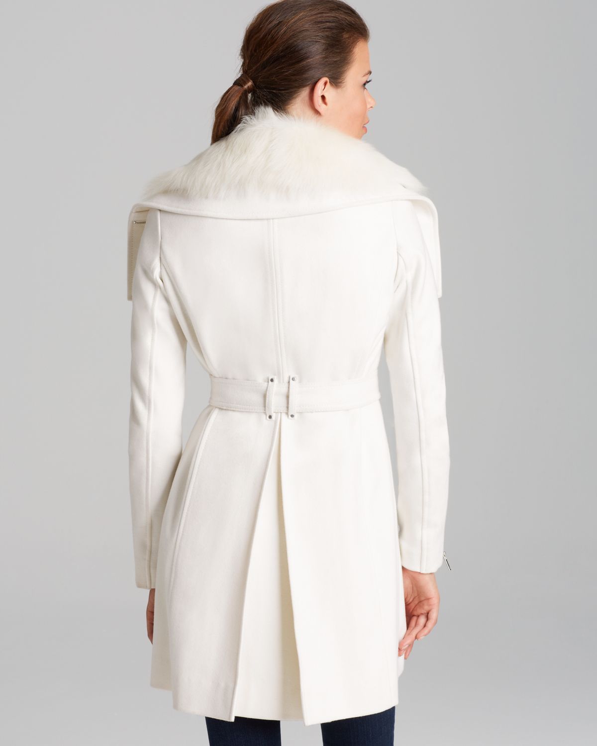 Lyst Bcbgmaxazria Coat Asymmetric Belted Fur Collar in White