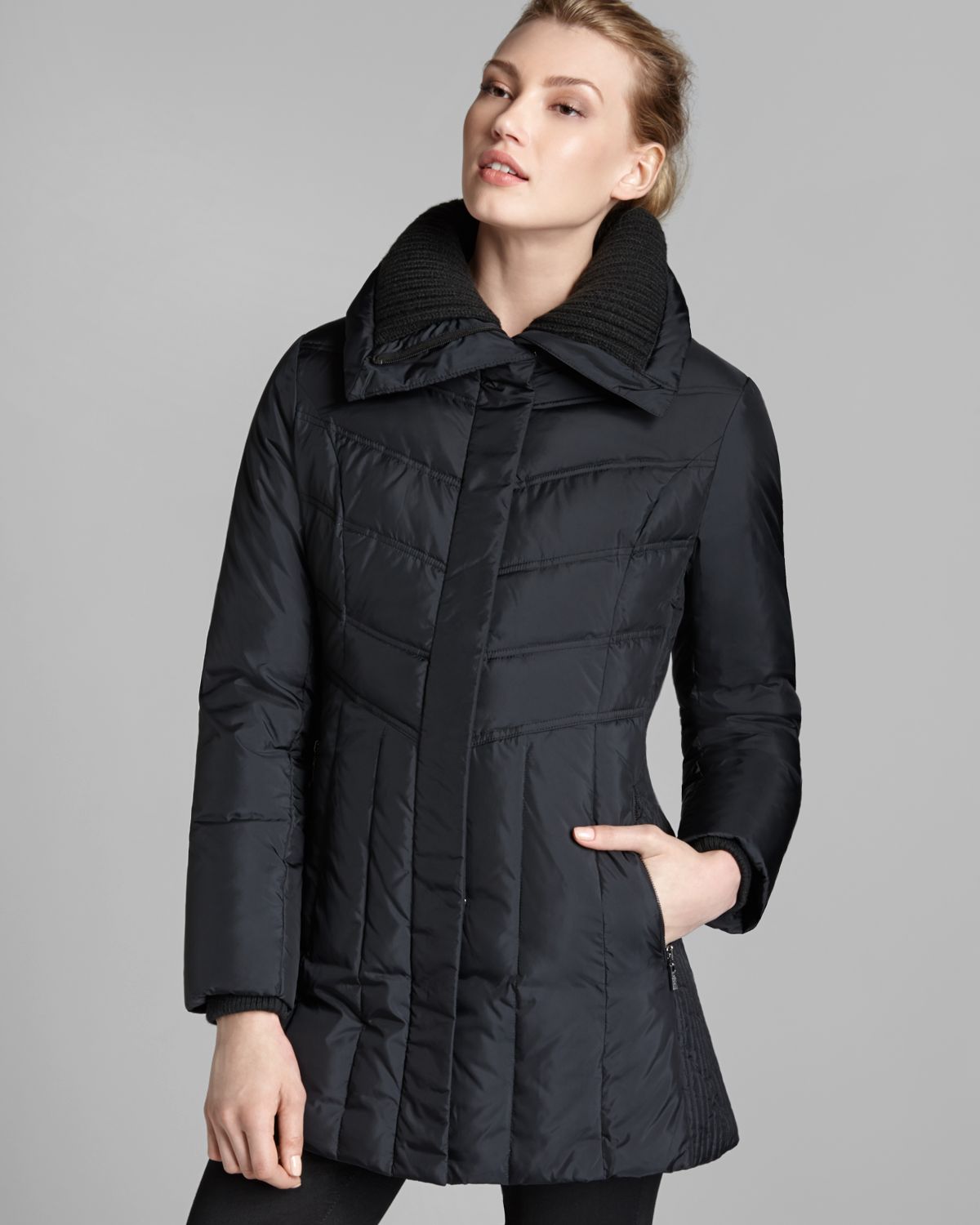 Lyst Cole haan Down Coat Chevron Quilted in Black