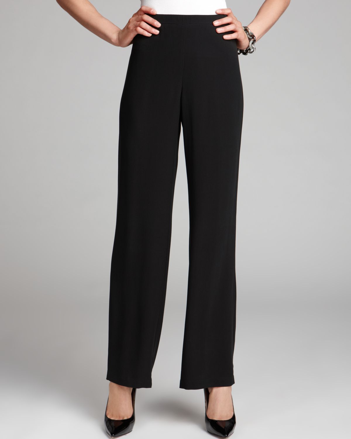 Eileen Fisher Straight Silk Pants with Side Zip in Black | Lyst