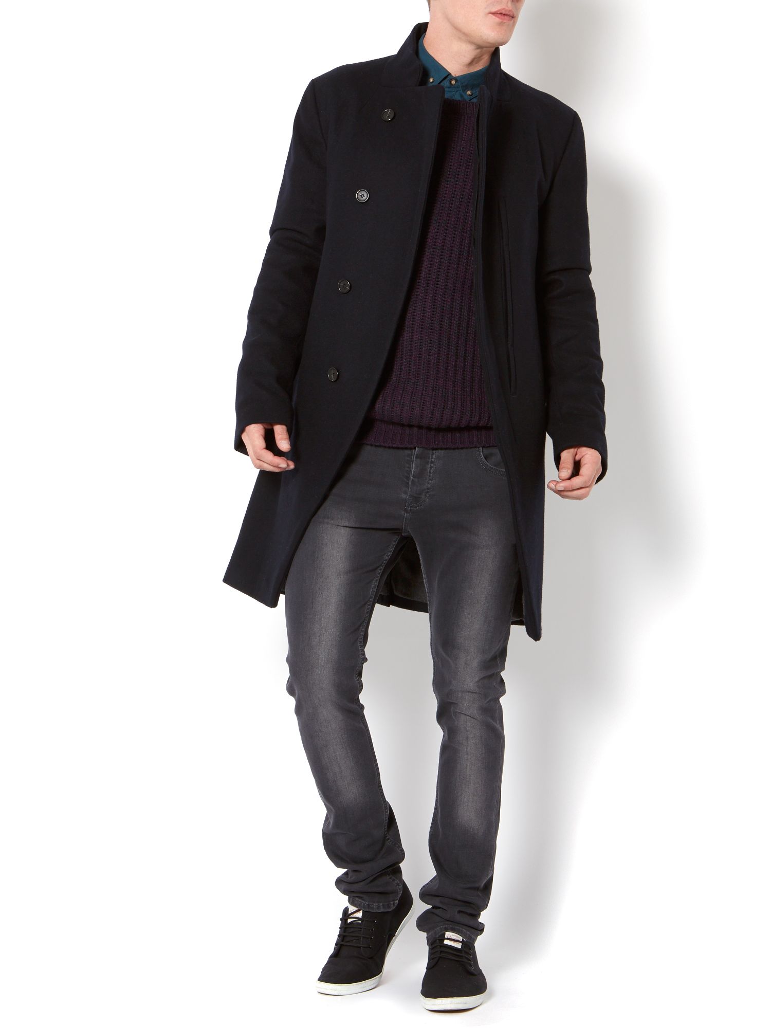 Label lab Wool Double Breasted Long Line Coat in Black for Men | Lyst
