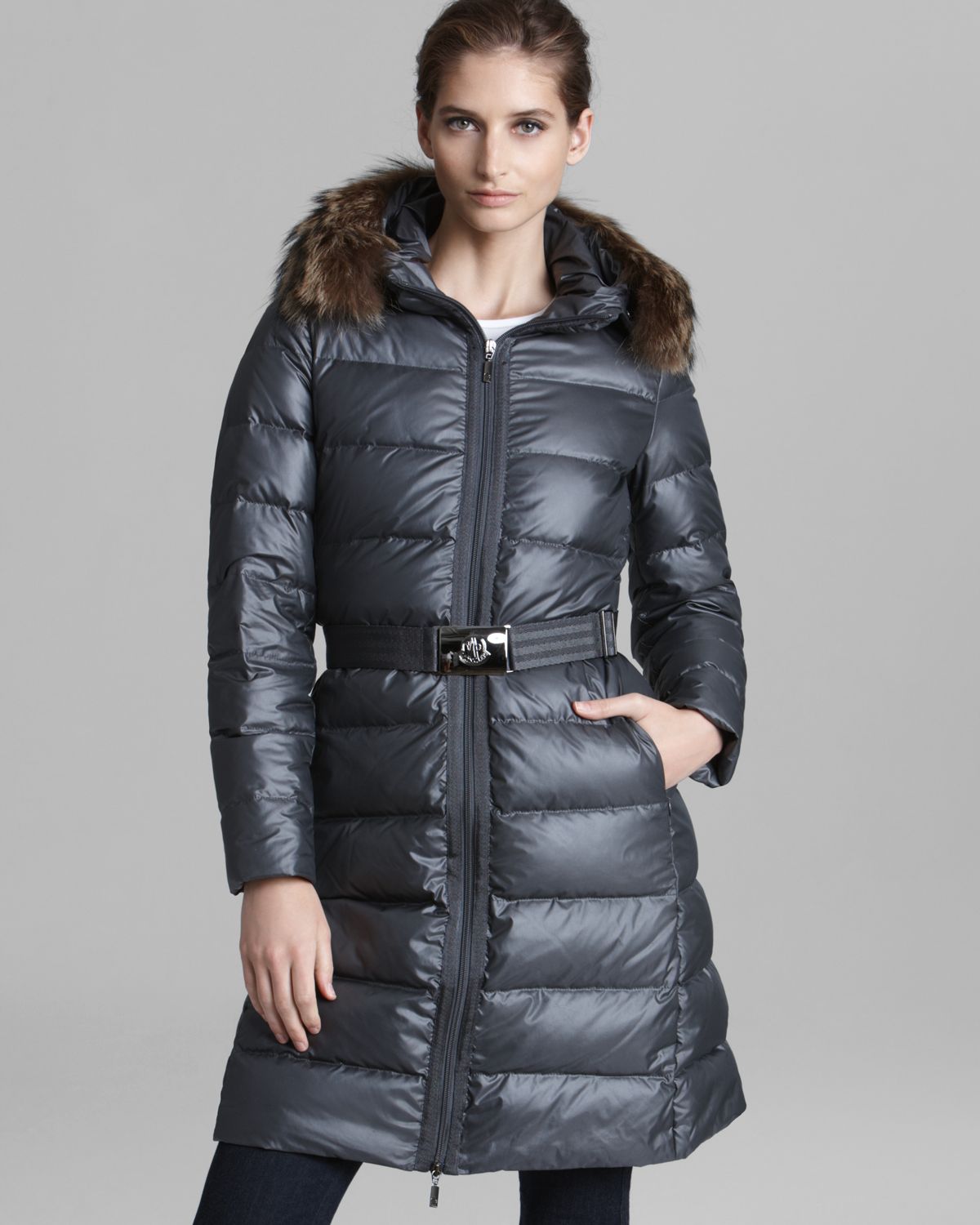 Moncler Down Coat Bouleau Belted Fur Trim Hood in Grey (Gray) - Lyst