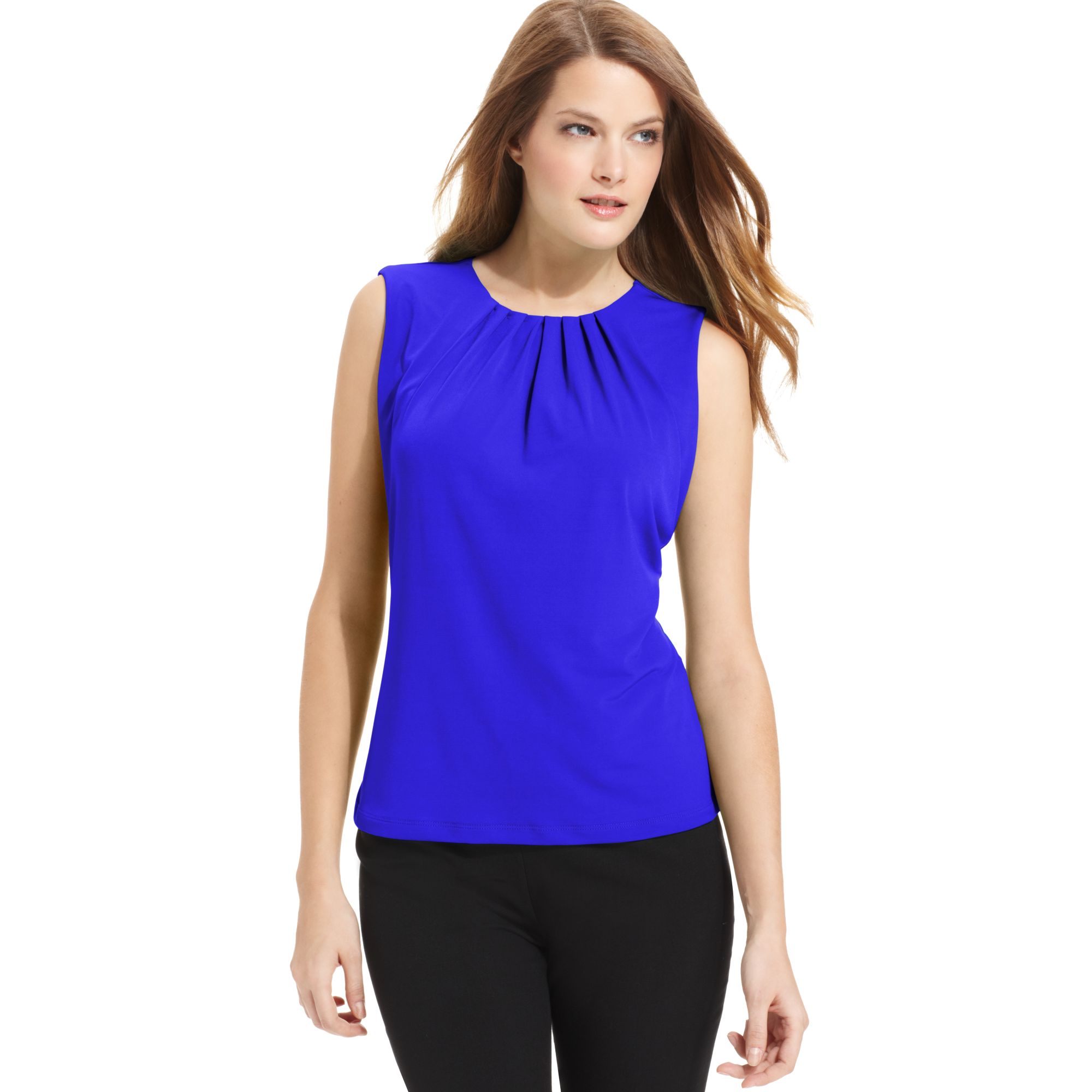 Calvin Klein Sleeveless Pleated-neck Blouse in Blue | Lyst
