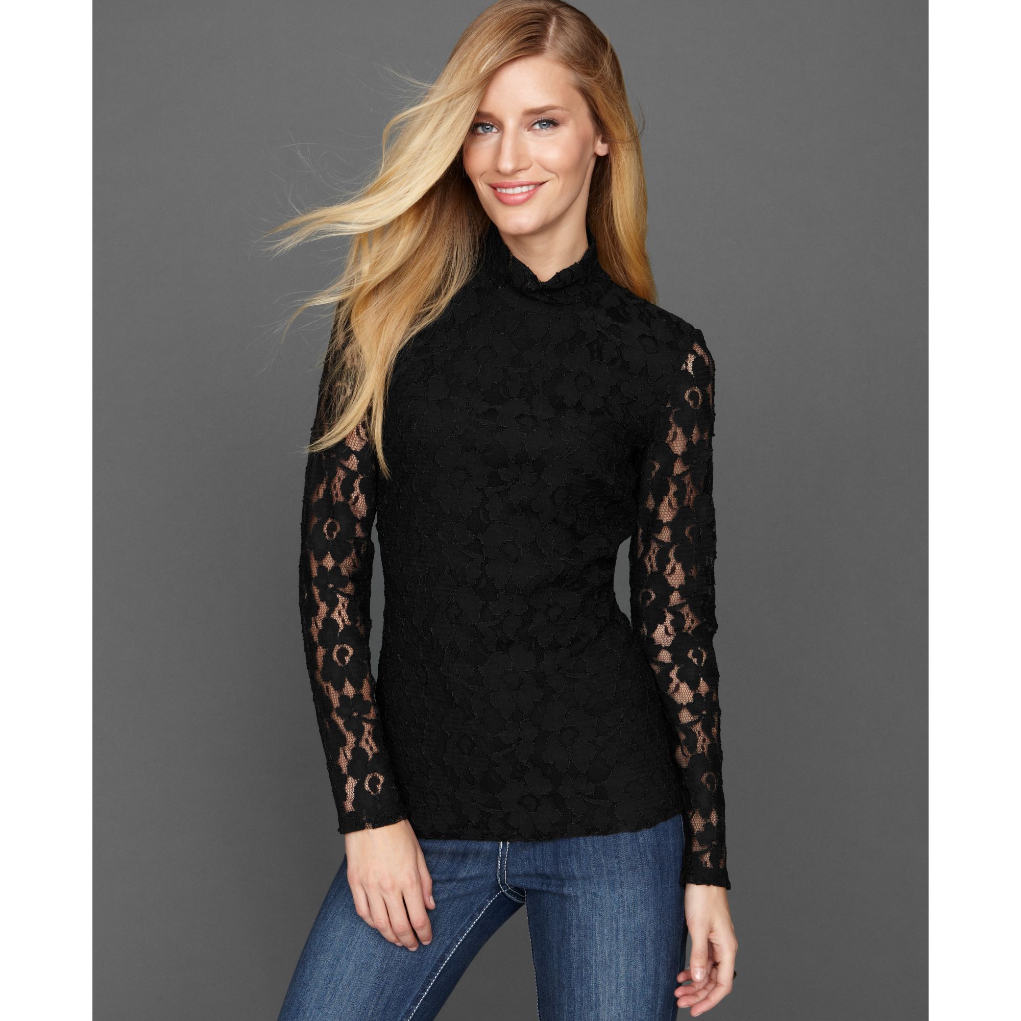 INC International Concepts Long Sleeve Lace Turtleneck in Black - Lyst