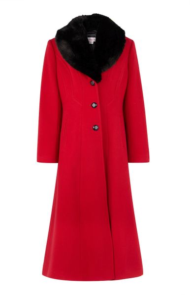 Jacques Vert Long Red Faux Fur Collar Coat in Red | Lyst