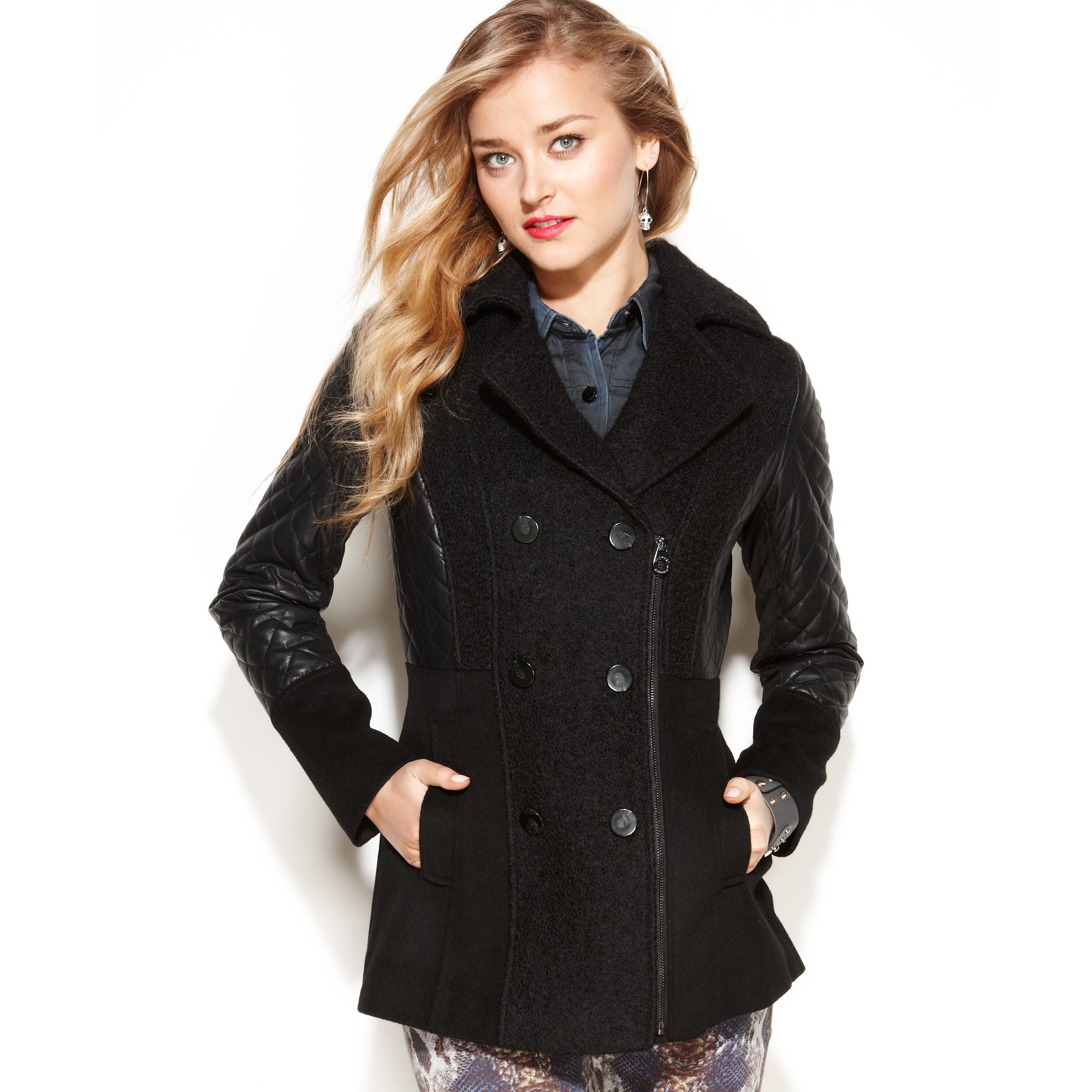 Laundry by Shelli Segal Double breasted Mixed media Quilted Pea Coat in