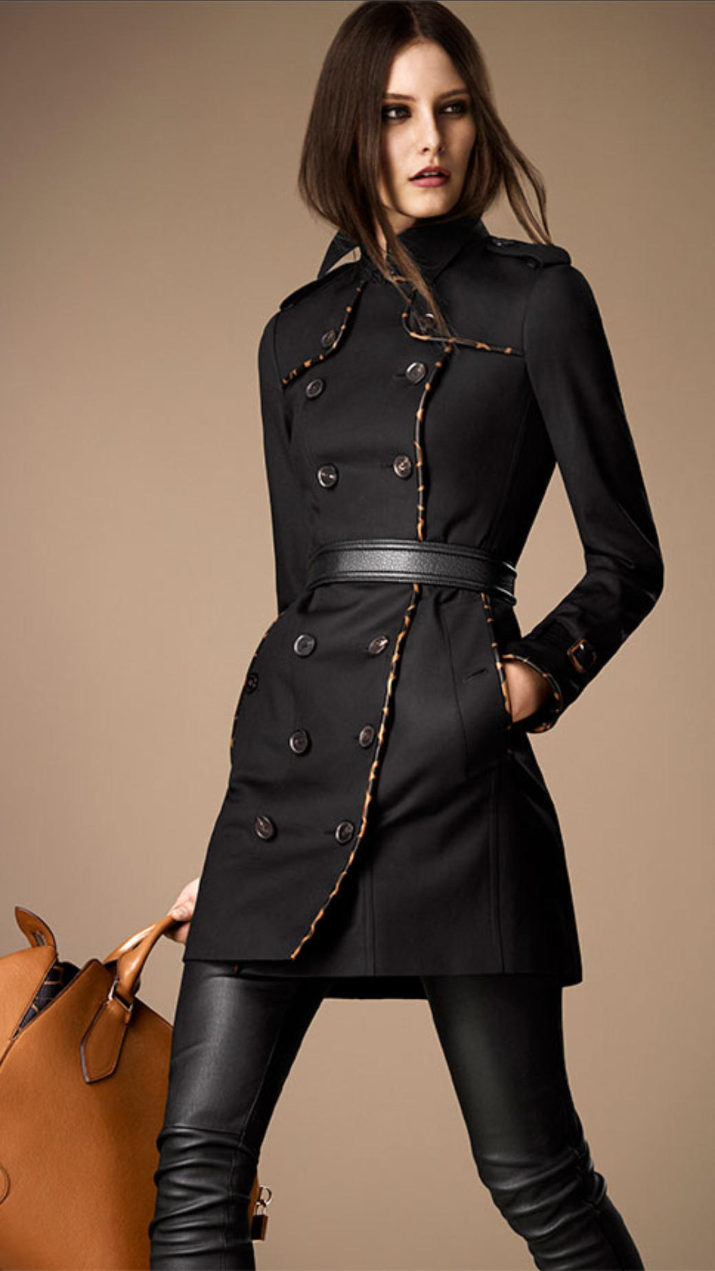 Lyst - Burberry Midlength Animal Print Leather Trim Trench Coat in Black