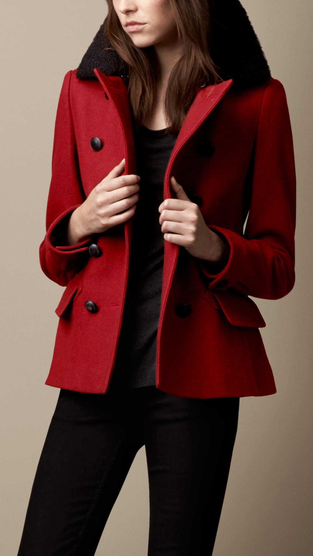 Burberry Shearling Collar Pea Coat in Red | Lyst UK