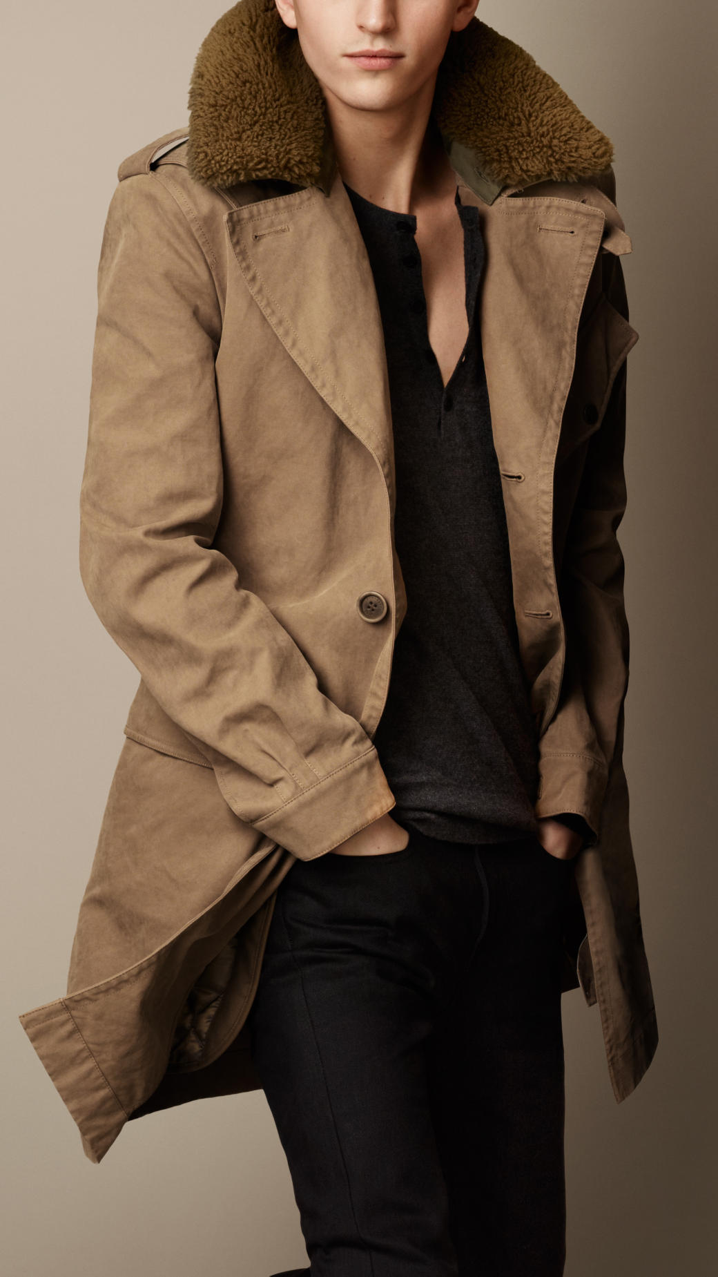 Burberry Shearling Collar Heritage Trench Coat in Brown for Men | Lyst