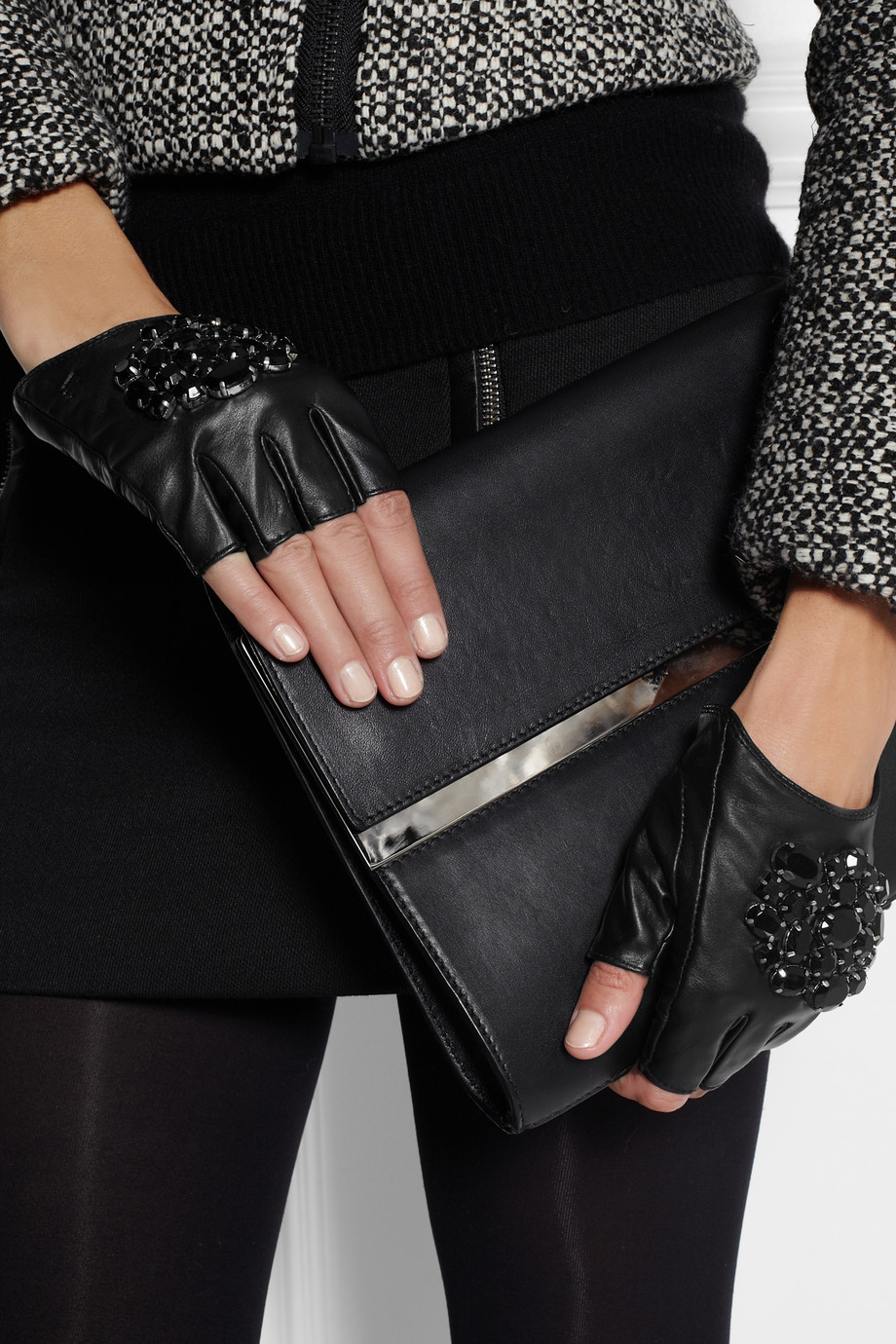 Lyst Karl Lagerfeld Embellished Leather Fingerless Gloves in Black