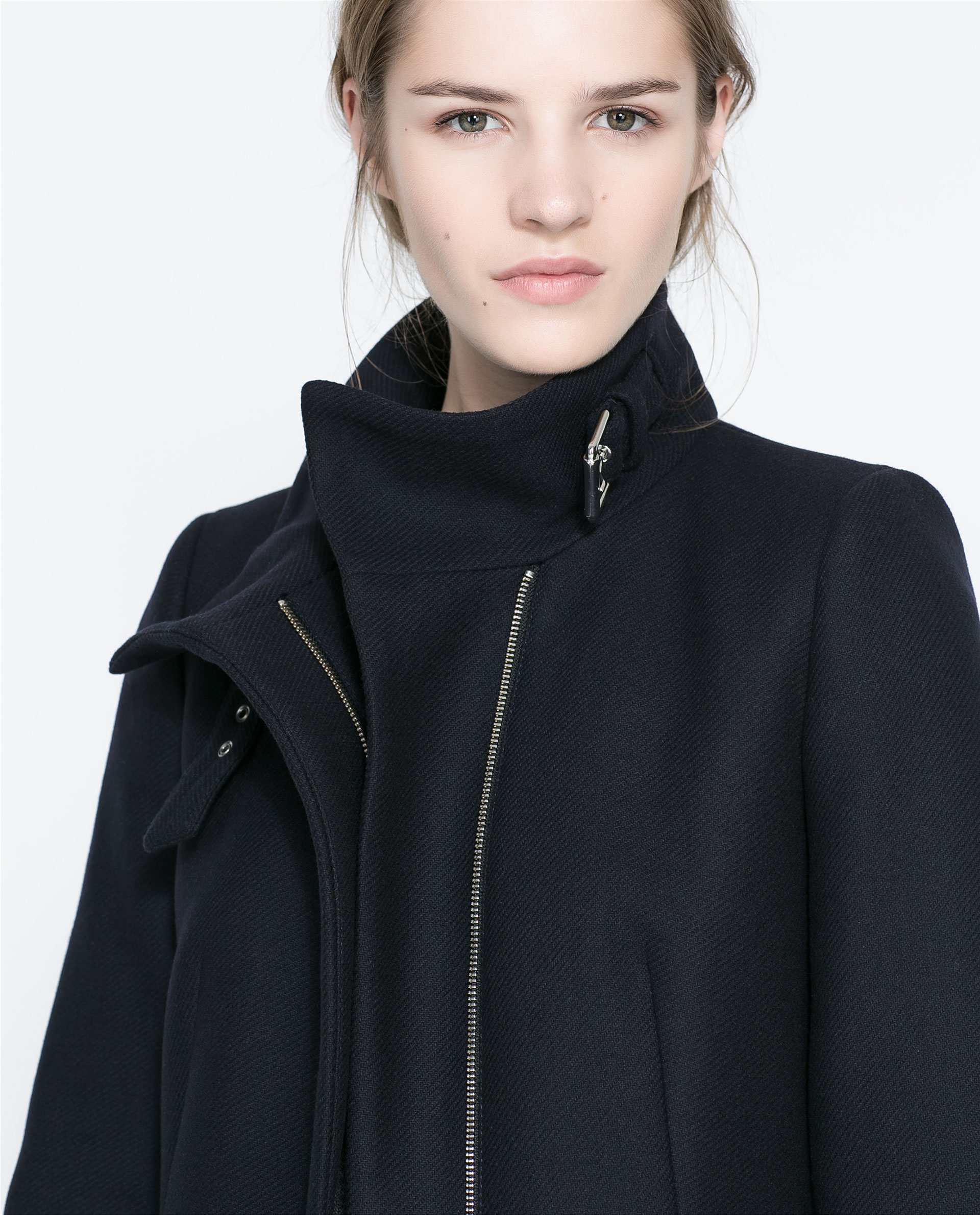 Zara Coat with Buckle Collar and Zip in Blue Lyst