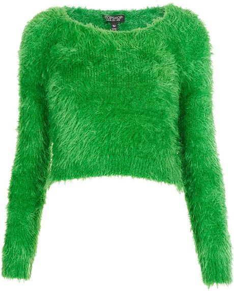 Topshop Knitted Fluffy Crop Jumper in Green | Lyst
