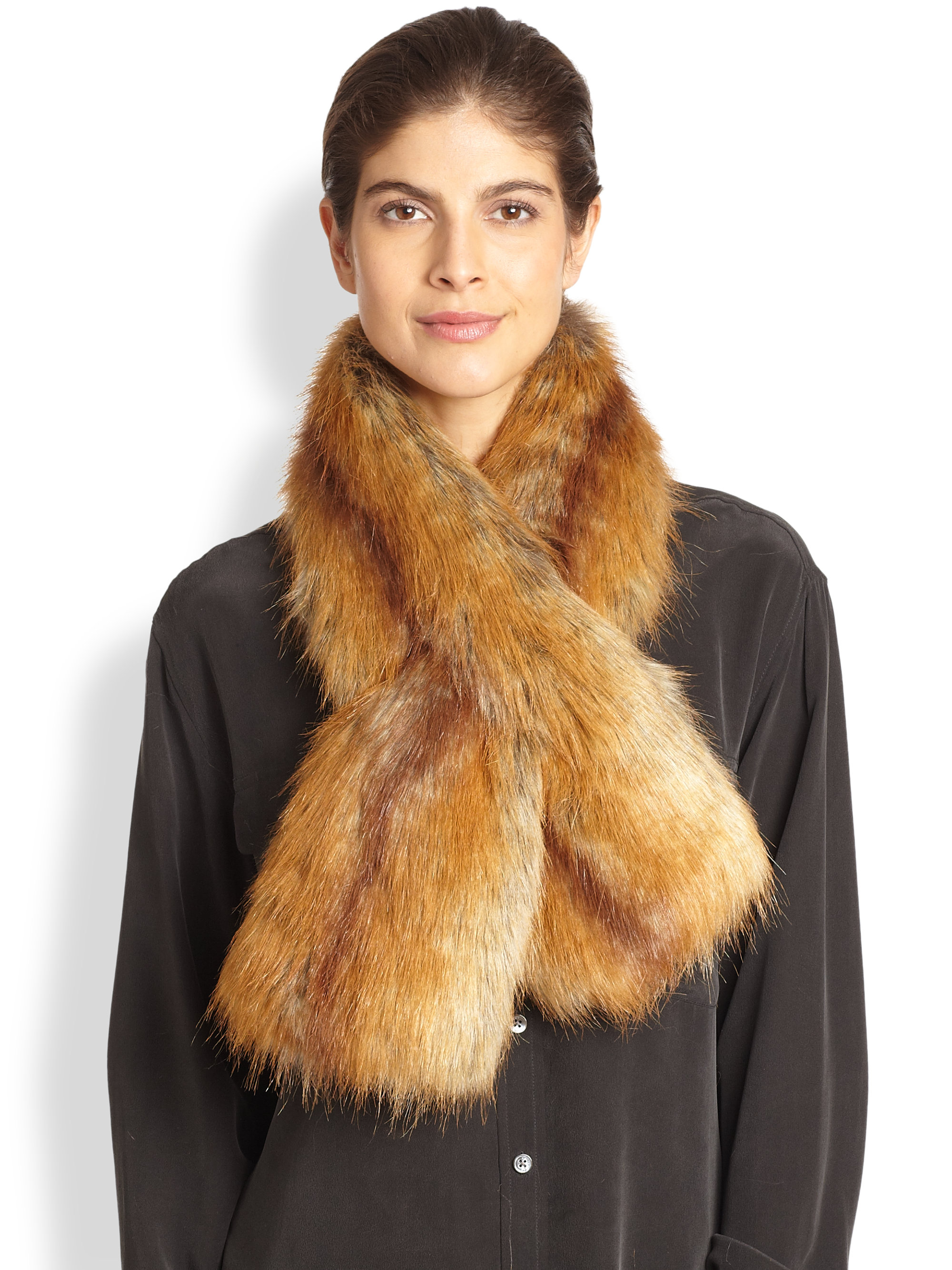 Saks fifth avenue Faux Fur Scarf in Brown Lyst